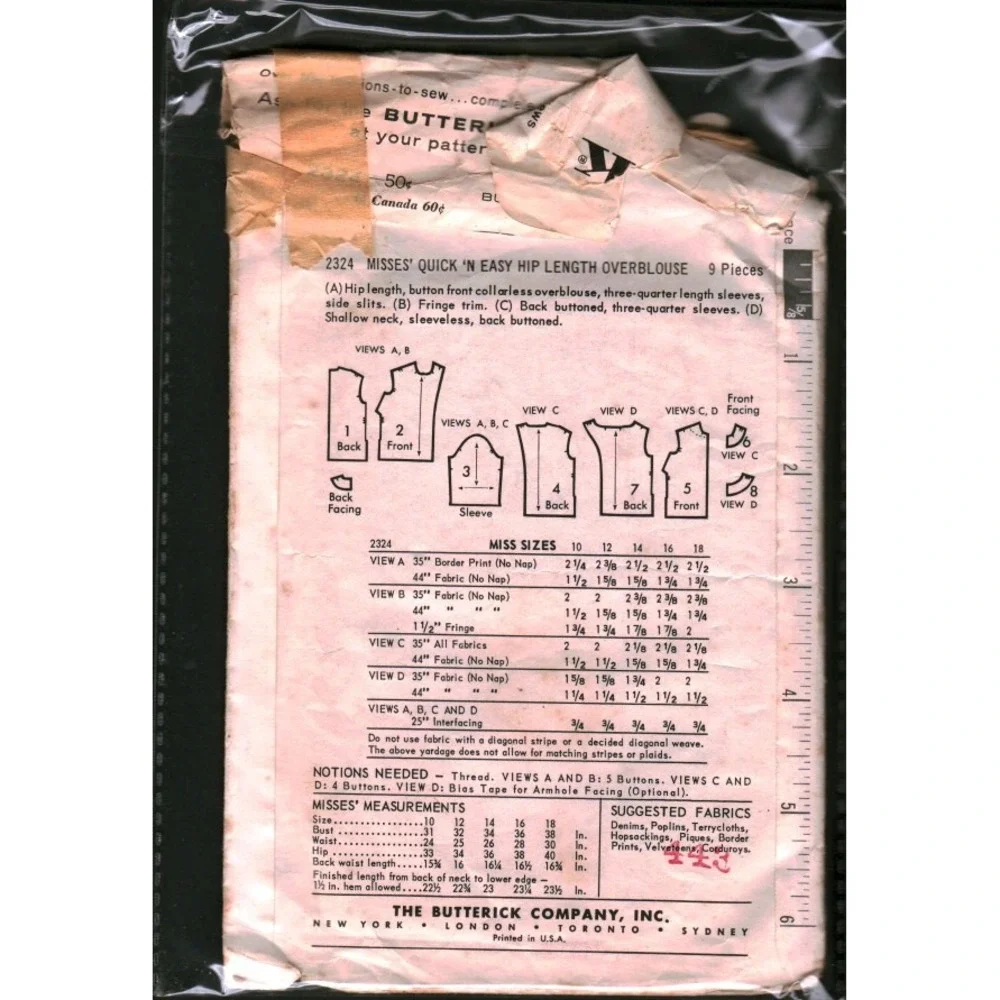Vintage‎ 1960s Butterick 2324 Sewing Pattern Misses Overblouse Size 16 Bust 36